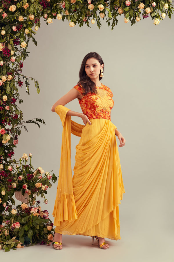 Yellow Georgette Drape Dress